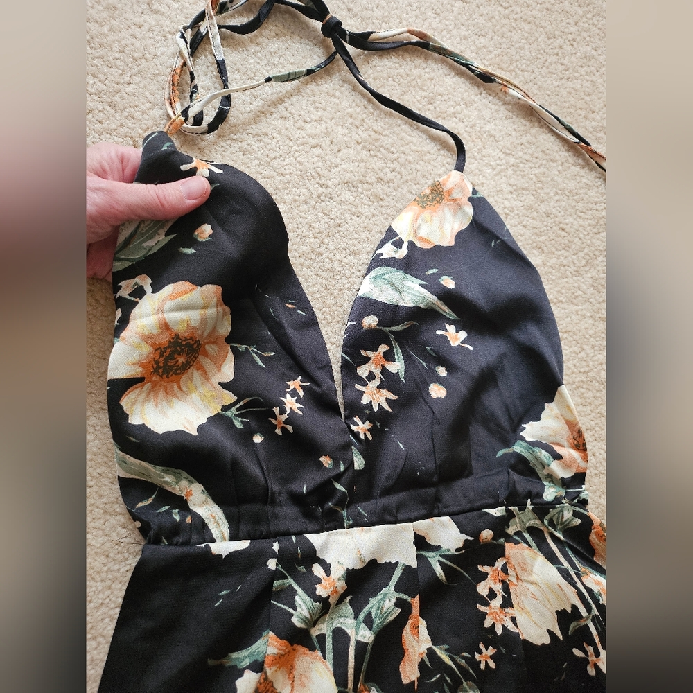 Black Floral Silk like Halter Sundress with Cream & Green Flowers